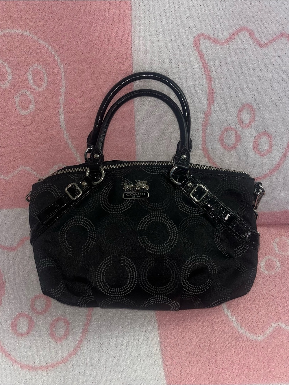 Coach Black Signature Circle Satchel with Patent Trim